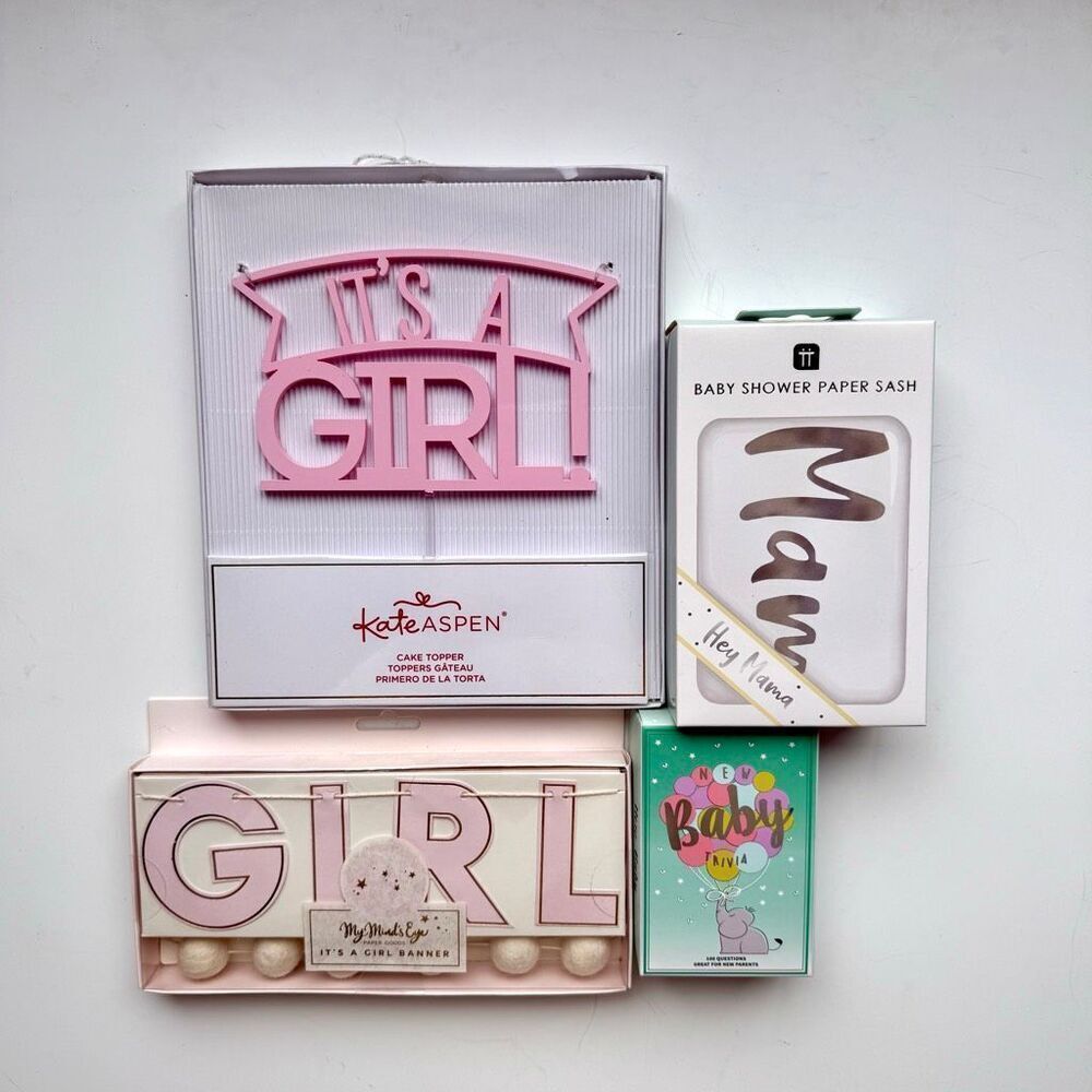 New! Girl Baby shower essentials-4 items Sash, trivia game, acrylic cake topper